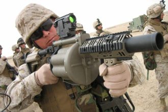 M-32 Multiple shot Grenade Launcher, an experimental six-barreled weapn that can deliver six 40 mm grenades in under three seconds.