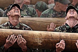 Navy SEALs during the BUD/s with a wood