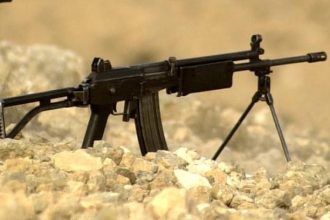 IMI Galil ARM chambered in 5.56 mm with bipod deployed