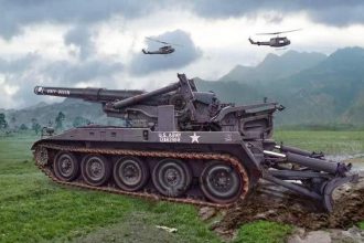 M110 howitzer with Huey helicopters flying above