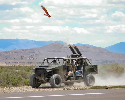 A light vehicle fitted with a pair of Pneumatically Integrated Launch Systems (PILS) launches an ALTIUS-600 as part of a U.S. Army test