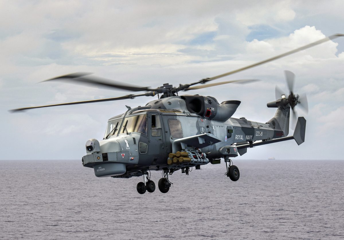 Royal Navy Wildcat helicopter equipped with Martlet air-to-surface missiles