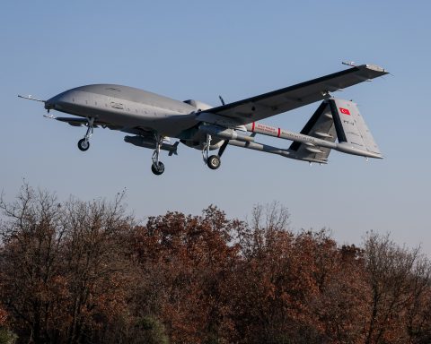 Turkish Bayraktar TB3 drone in low altitude flight just after takeoff