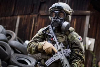 Czech soldier wearing OM-95 gas mask during CBRN training