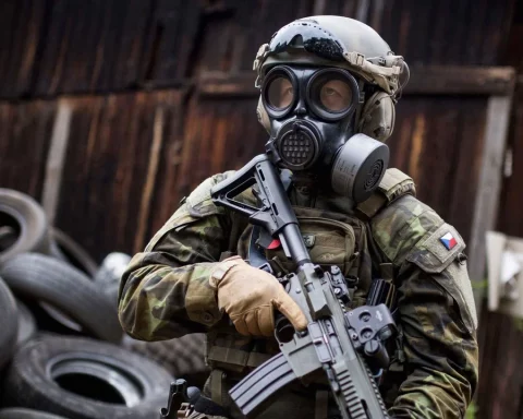 Czech soldier wearing OM-95 gas mask during CBRN training