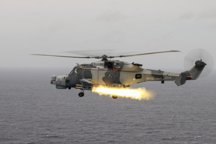 Martlet missile launch from Royal Navy Wildcat helicopter over open sea