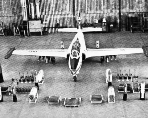 A promotional image of G-3 Galeb aircraft, identified by serial number 23003, showcasing its front-mounted weapons. The image is part of a propaganda prospectus produced by the Soko factory.