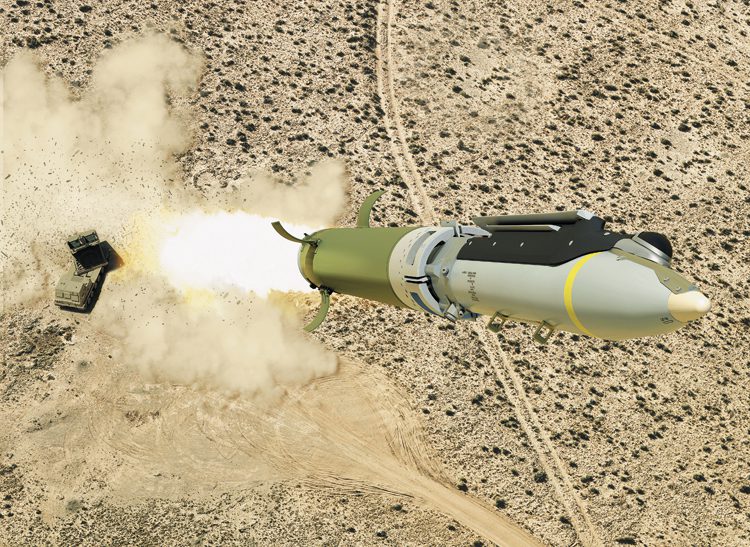 GLSDB cruise missile in mid-flight with its ground-based artillery launch system visible in the background, demonstrating modern precision strike technology that minimizes collateral damage
