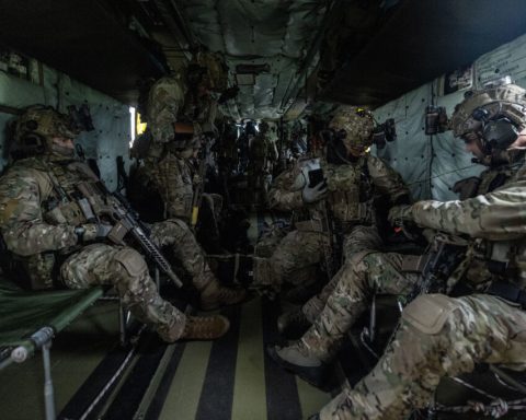 An elite operators of the Denmark's Jaeger Corps inside the helicopter
