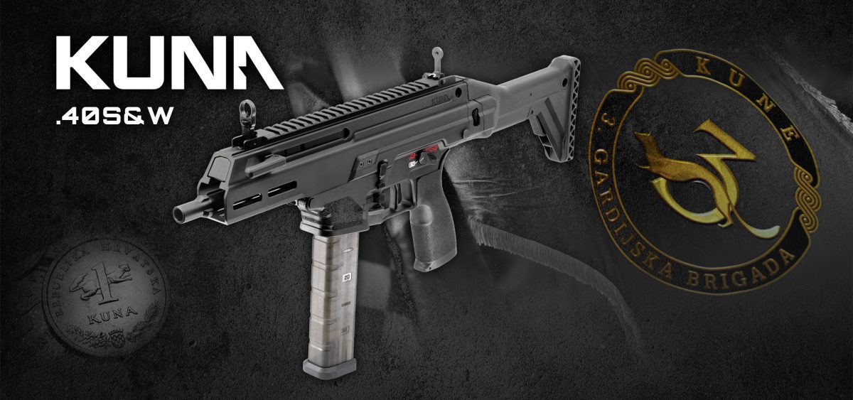 HS Produkt KUNA submachine gun with Croatian kuna coin and 3rd Guard Brigade insignia on black background