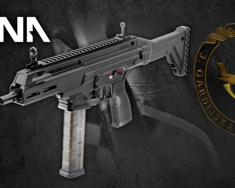 HS Produkt KUNA submachine gun with Croatian kuna coin and 3rd Guard Brigade insignia on black background