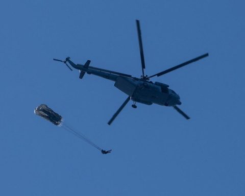 Croatian Special Forces parachuter jumps from a Mi-8 helicopter during JCET exercise