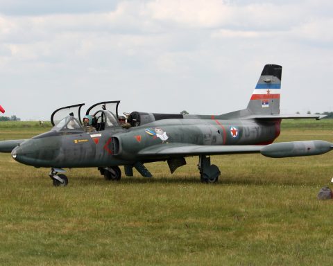 Airshow on Čenej airport, Novi Sad. In middle of the picture is G-2 Galeb with registration YU-YAB