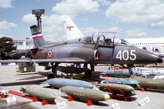 SFR Yugoslav Air Force G-4 Super Galeb light attack and training aircraft showcased at the 1991 Paris Air Show in France