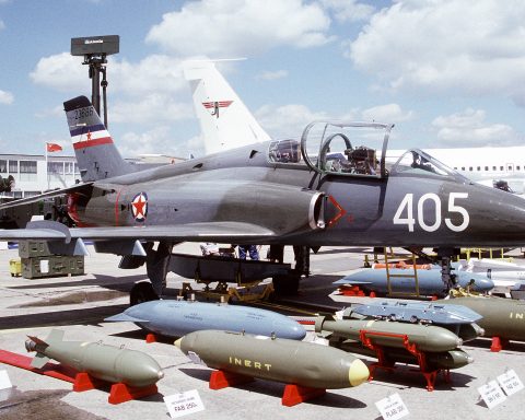 SFR Yugoslav Air Force G-4 Super Galeb light attack and training aircraft showcased at the 1991 Paris Air Show in France