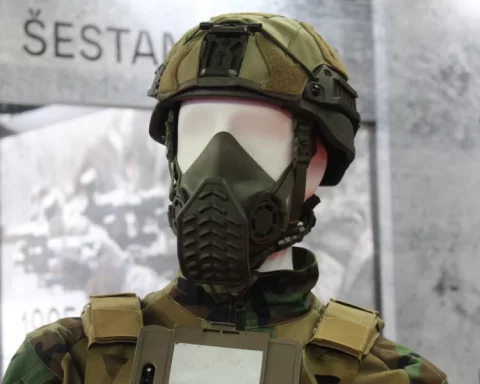 Mannequin wearing full combat uniform and the new Šestan-Busch ballistic helmet resistant to 7.62mm rounds